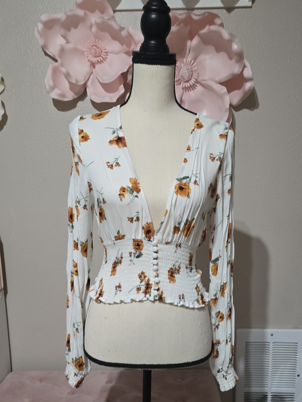 Floral Smocked-Waist V-Neck Top - White with Mustard Floral